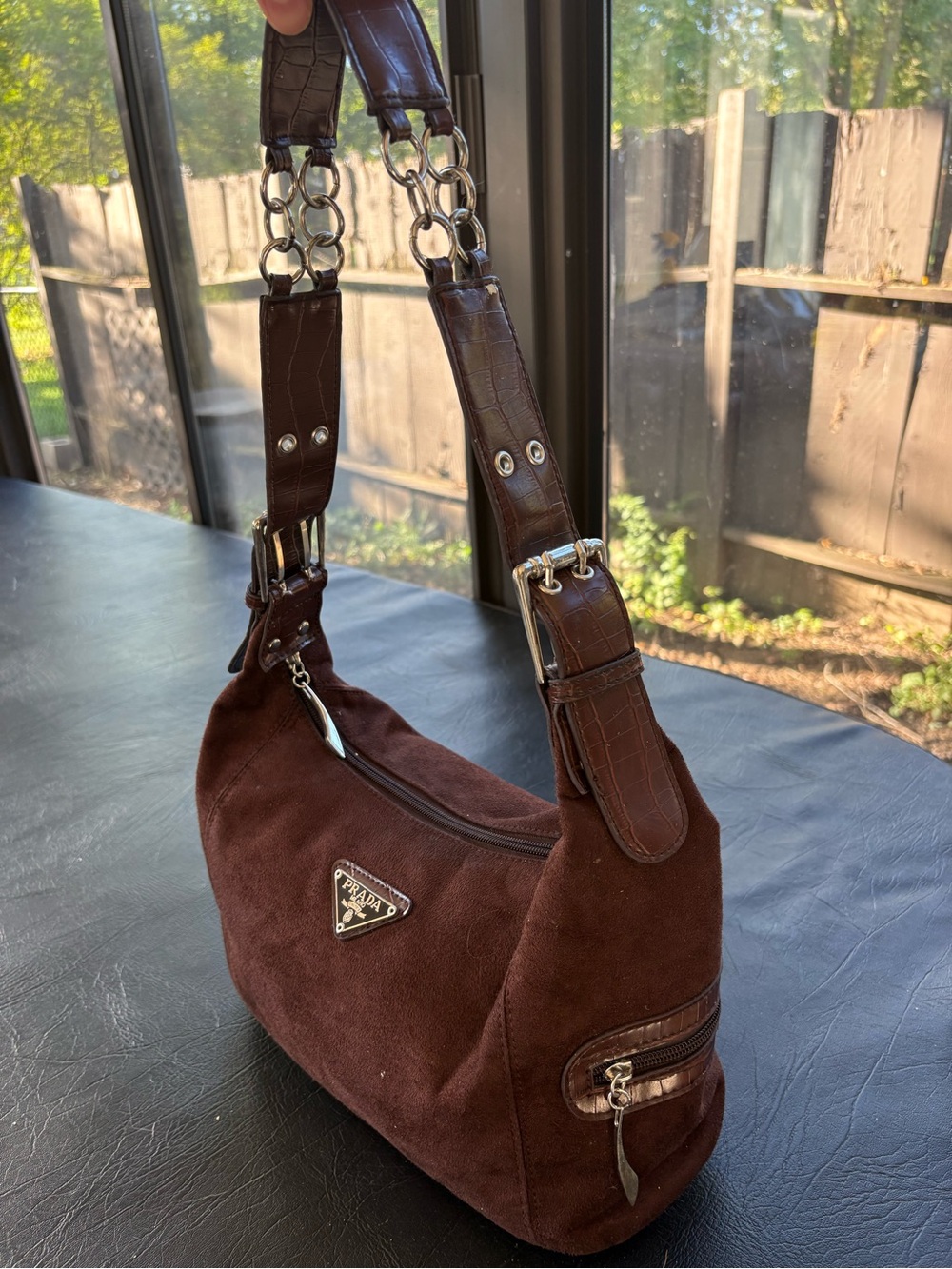 Vintage Prada Brown Suede Hobo Shoulder Bag Croc Embossed Leather Trim